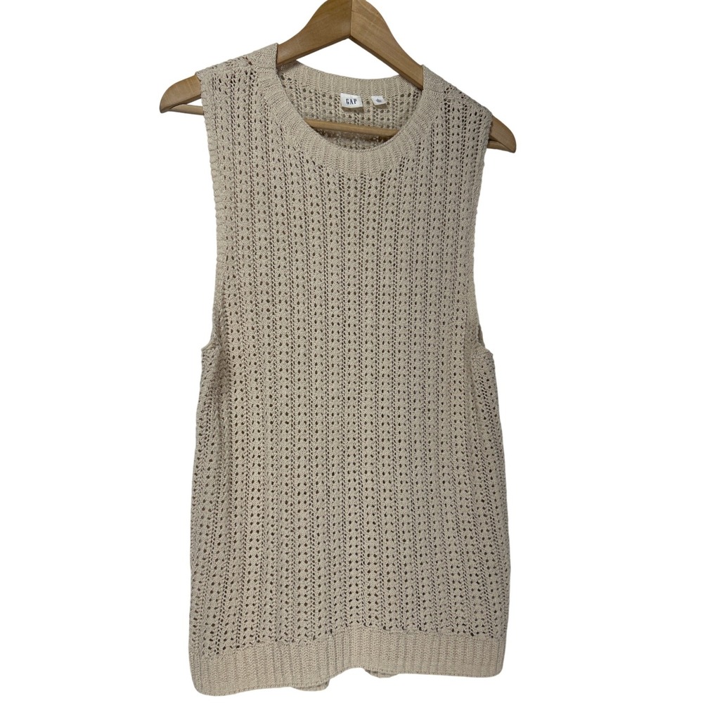 Gap Womens Beige Open Knit Crochet Pointelle Sweater Vest Crew Neck Large Tall